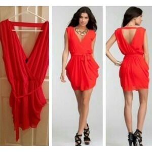 Bebe Red Faux Wrap V Neck‎ Cap Sleeve Belted Drape Mini Dress Size M